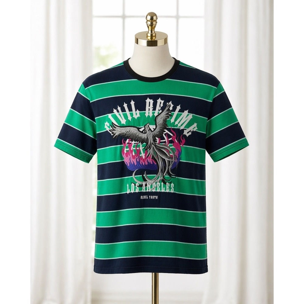 Civil Regime T-Shirt Mens Medium Green Navy Striped Phoenix Graphic Excellent